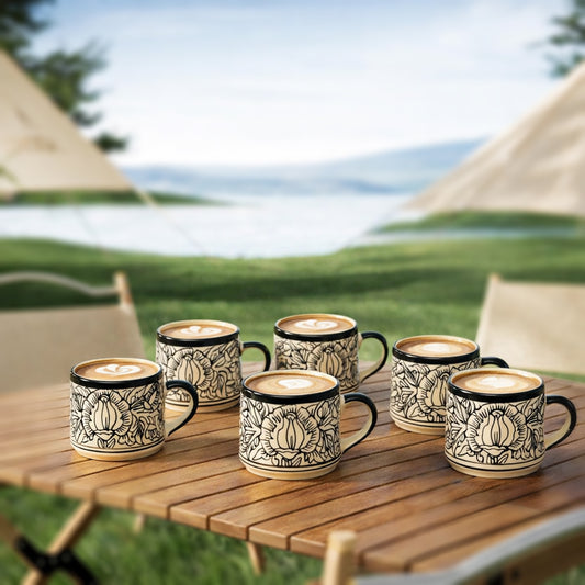 Tea Cups Set of 6 | Cream - Black 'Kalamkari' Painting | 170ml