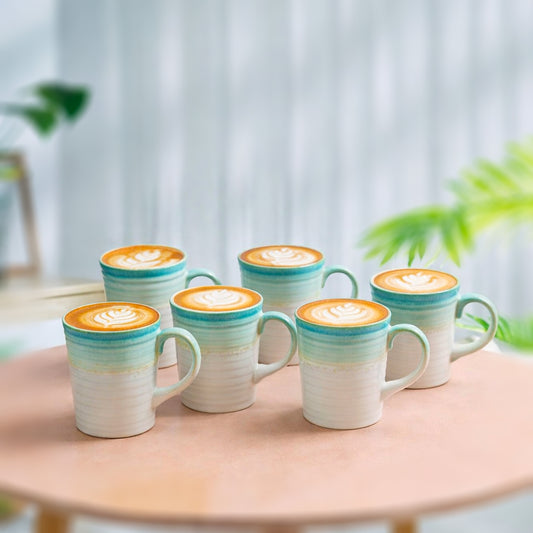 Coffee, Milk, Mugs Set of 6 | White - Teal | 320ml
