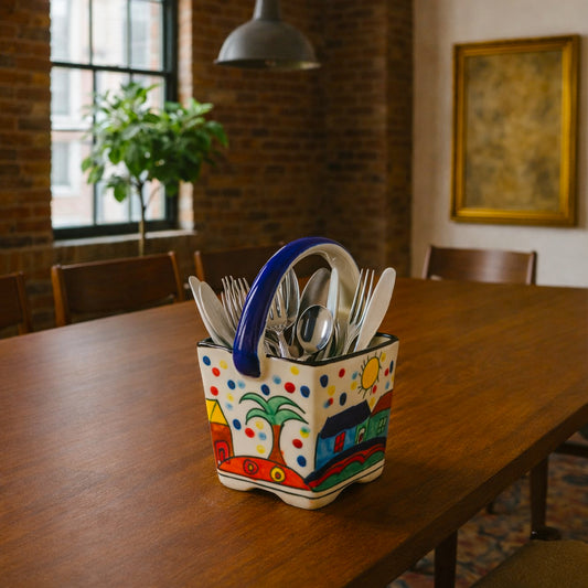 Handpainted Ceramic Spoon Stand & Cutlery Basket for Kitchen