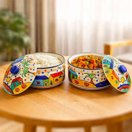 Hand Painted Serving Donga with Lid (Set of 2, Multicolour, 1250 ml)