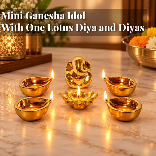 Ceramic Gold Small Ganesha with 4 Diya with Lotus Diya
