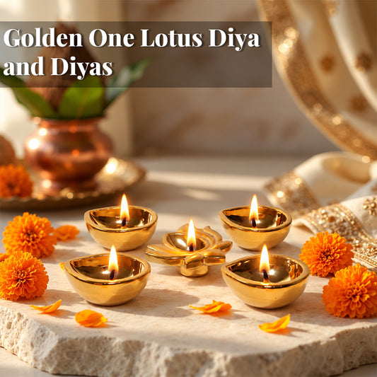 Ceramic Gold One Lotus Diya with 4 Diyas