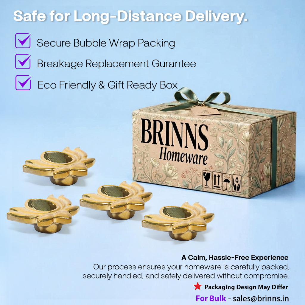 Ceramic 4 Lotus Diyas in Gold Color