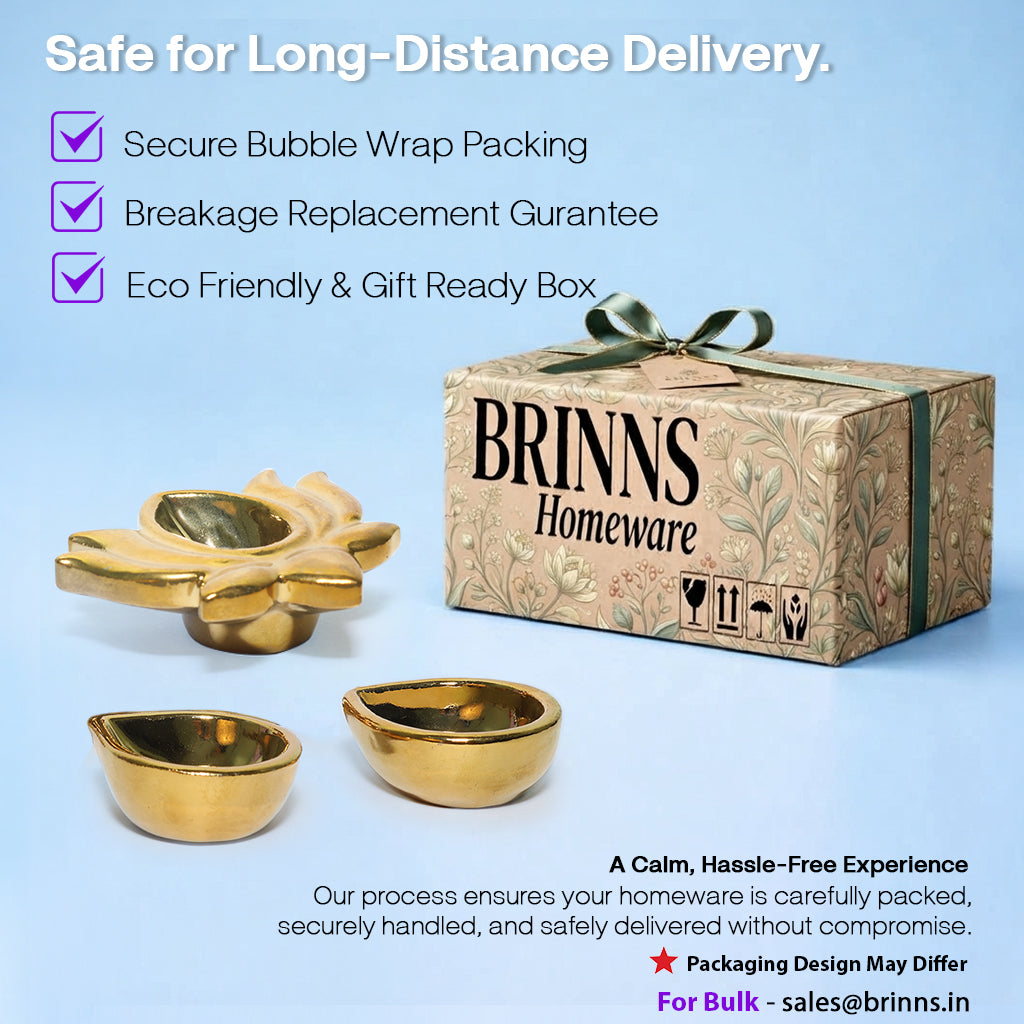 Ceramic Gold One Lotus Diya with 2 Diyas