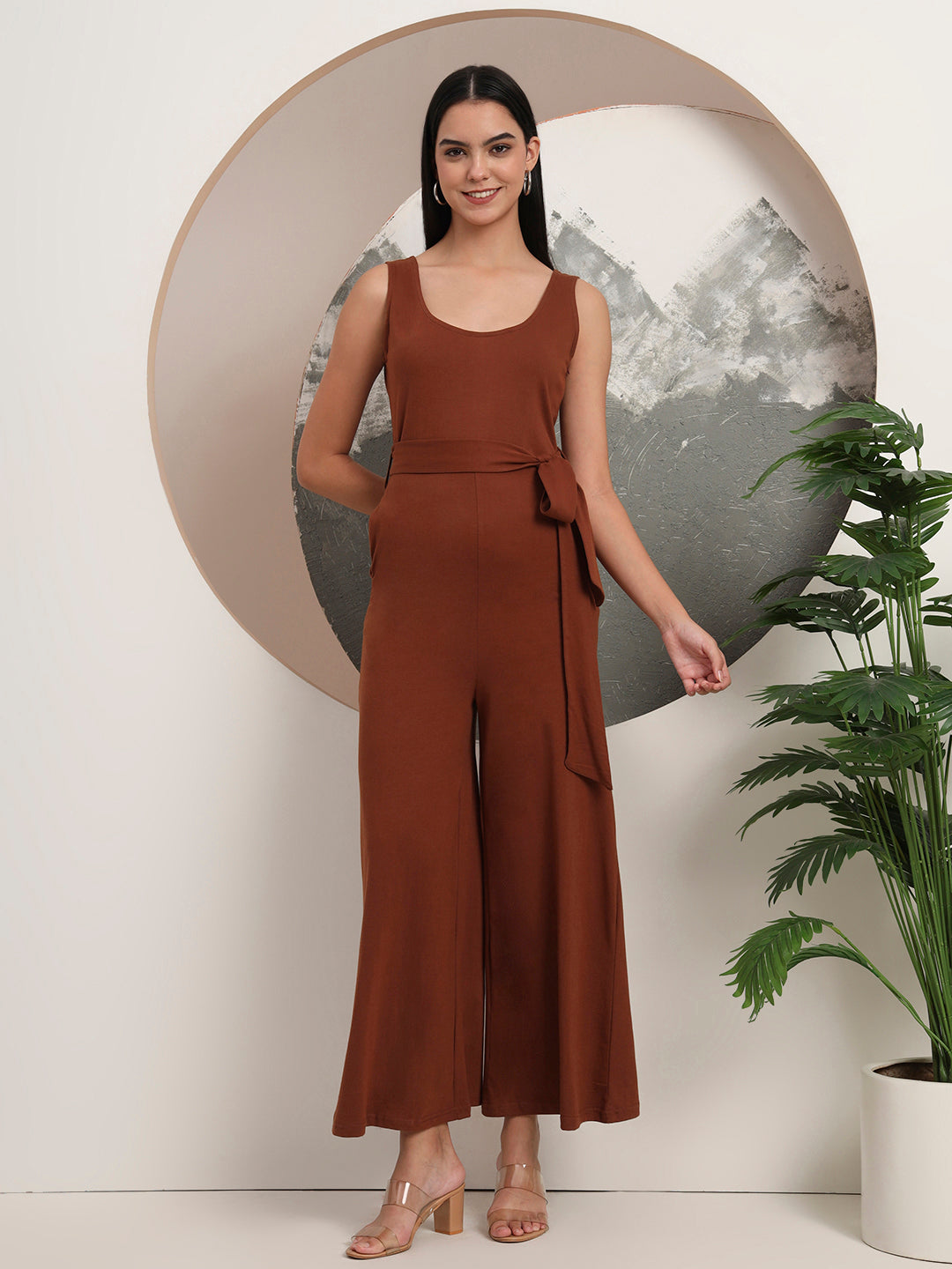 BRINNS Women Cotton Solid Round Neck Sleeveless Jumpsuit With Waist Tie-Ups