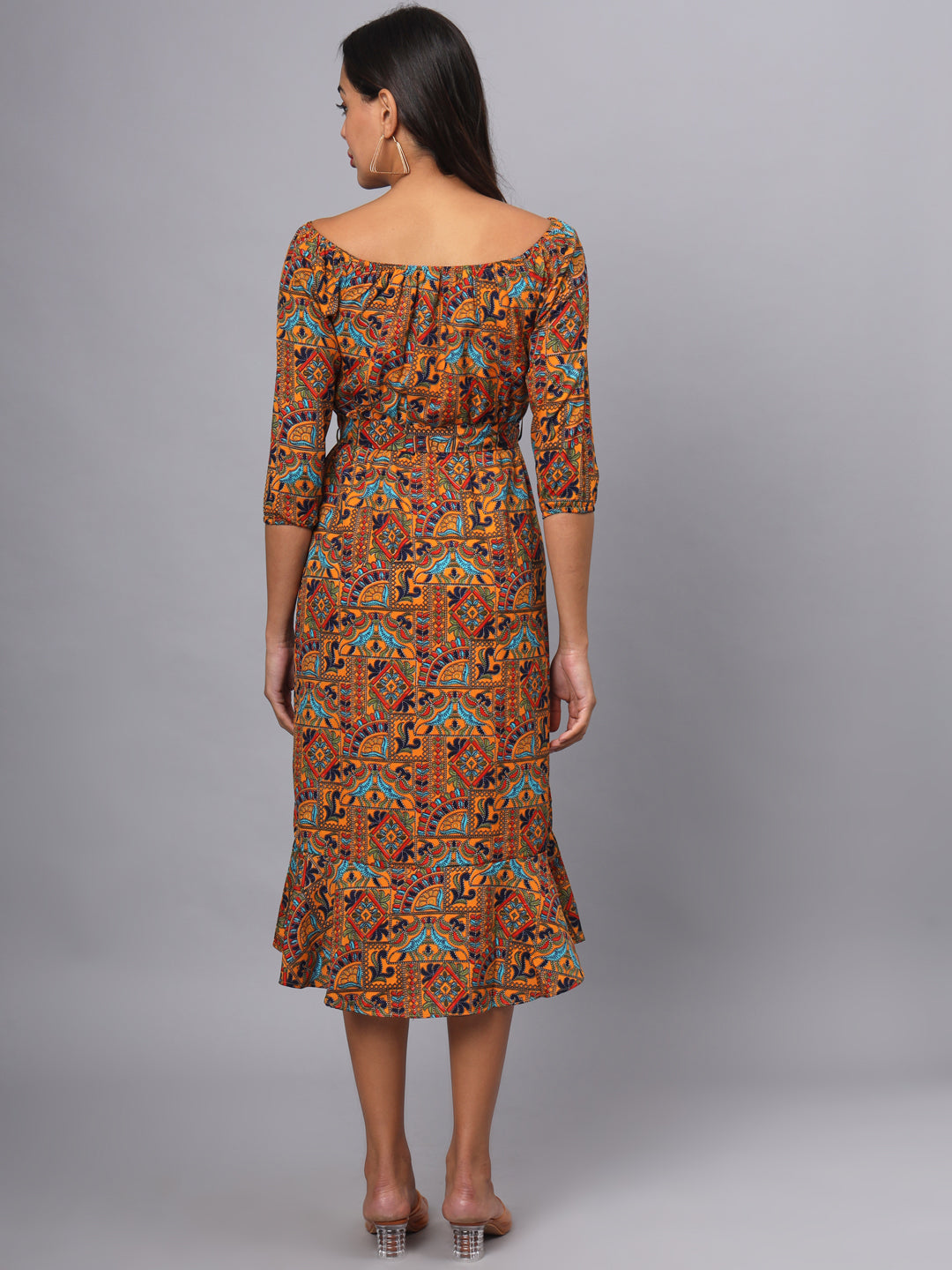 Printed Off-Shoulder A-Line Midi Dress