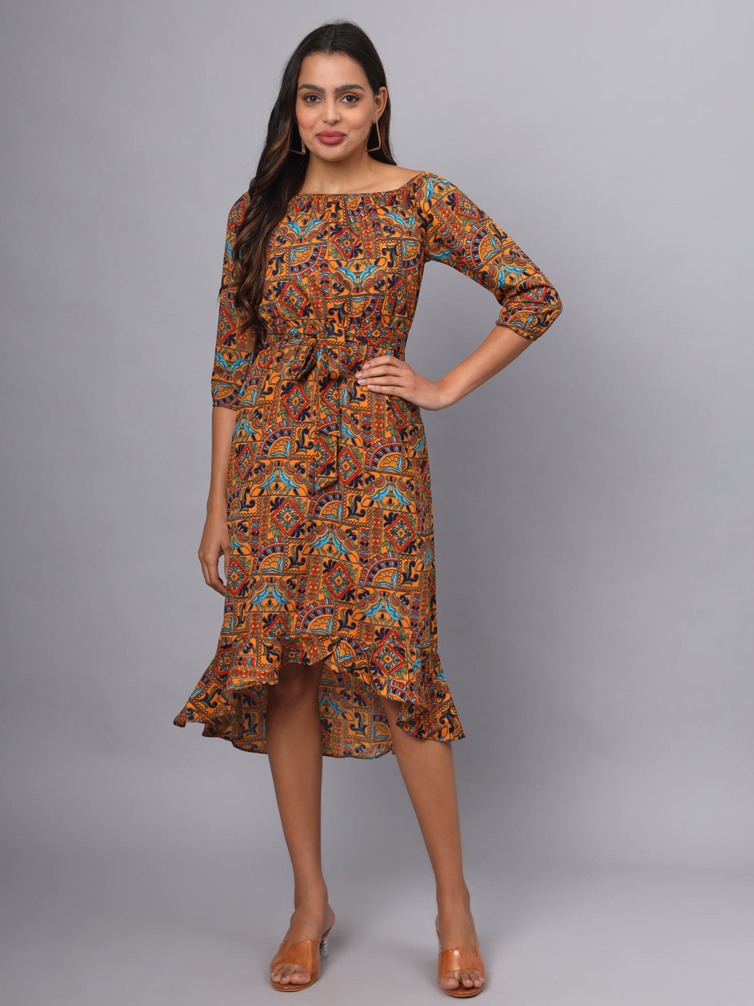 Printed Off-Shoulder A-Line Midi Dress