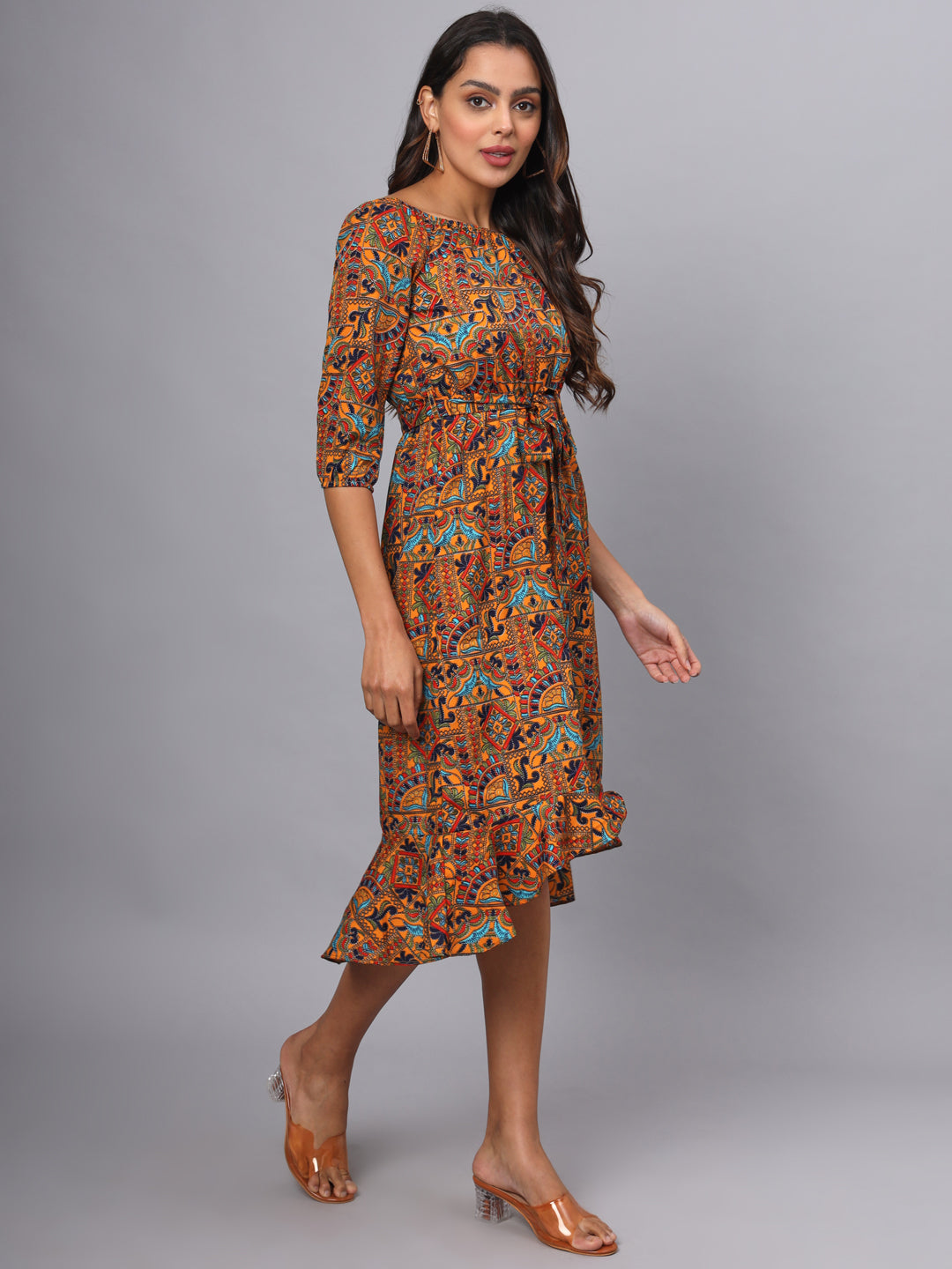 Printed Off-Shoulder A-Line Midi Dress