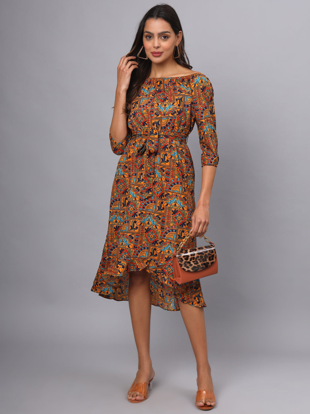 Printed Off-Shoulder A-Line Midi Dress