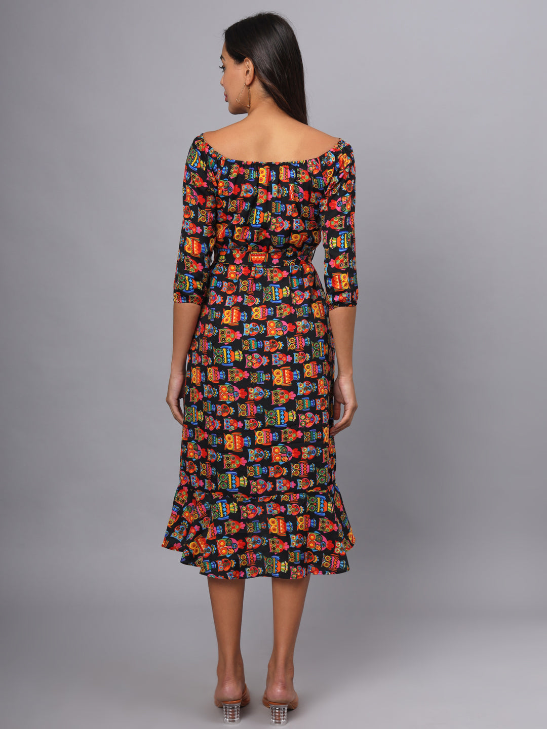 Printed Off-Shoulder A-Line Midi Dress