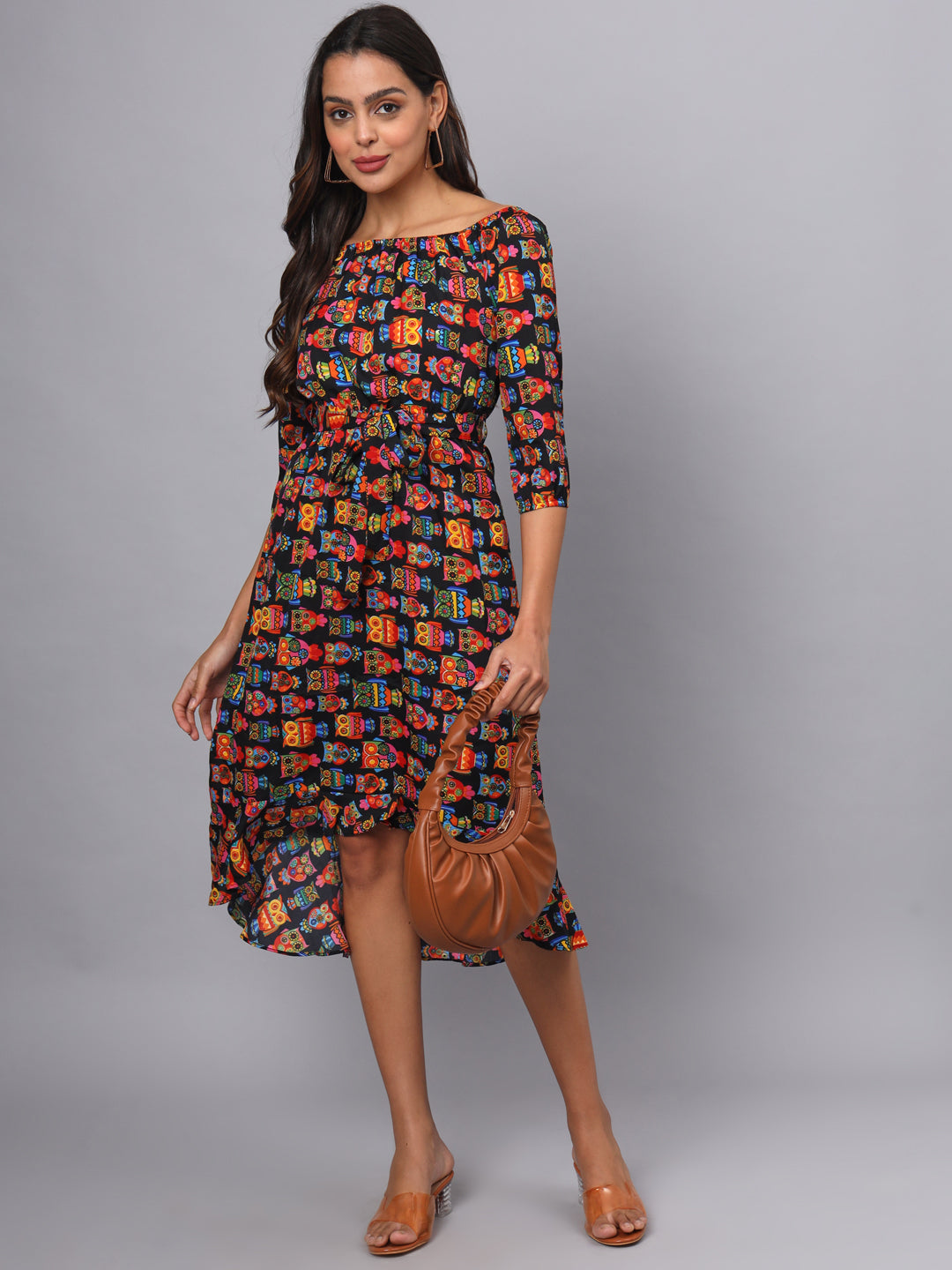 Printed Off-Shoulder A-Line Midi Dress
