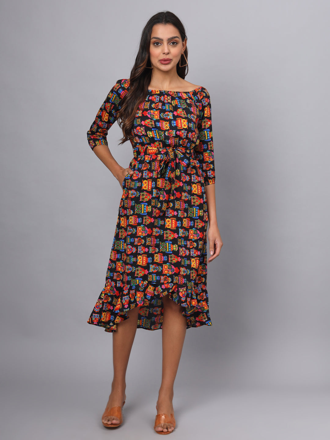 Printed Off-Shoulder A-Line Midi Dress