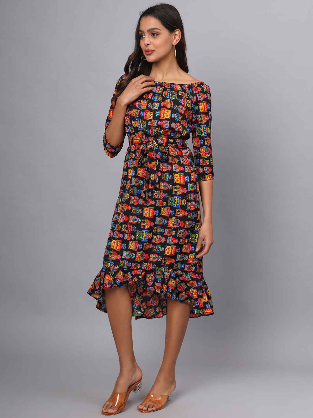 Printed Off-Shoulder A-Line Midi Dress