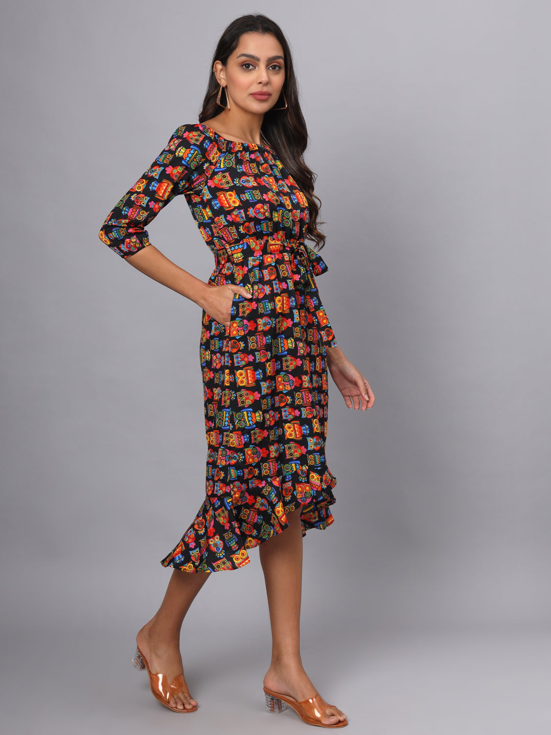 Printed Off-Shoulder A-Line Midi Dress