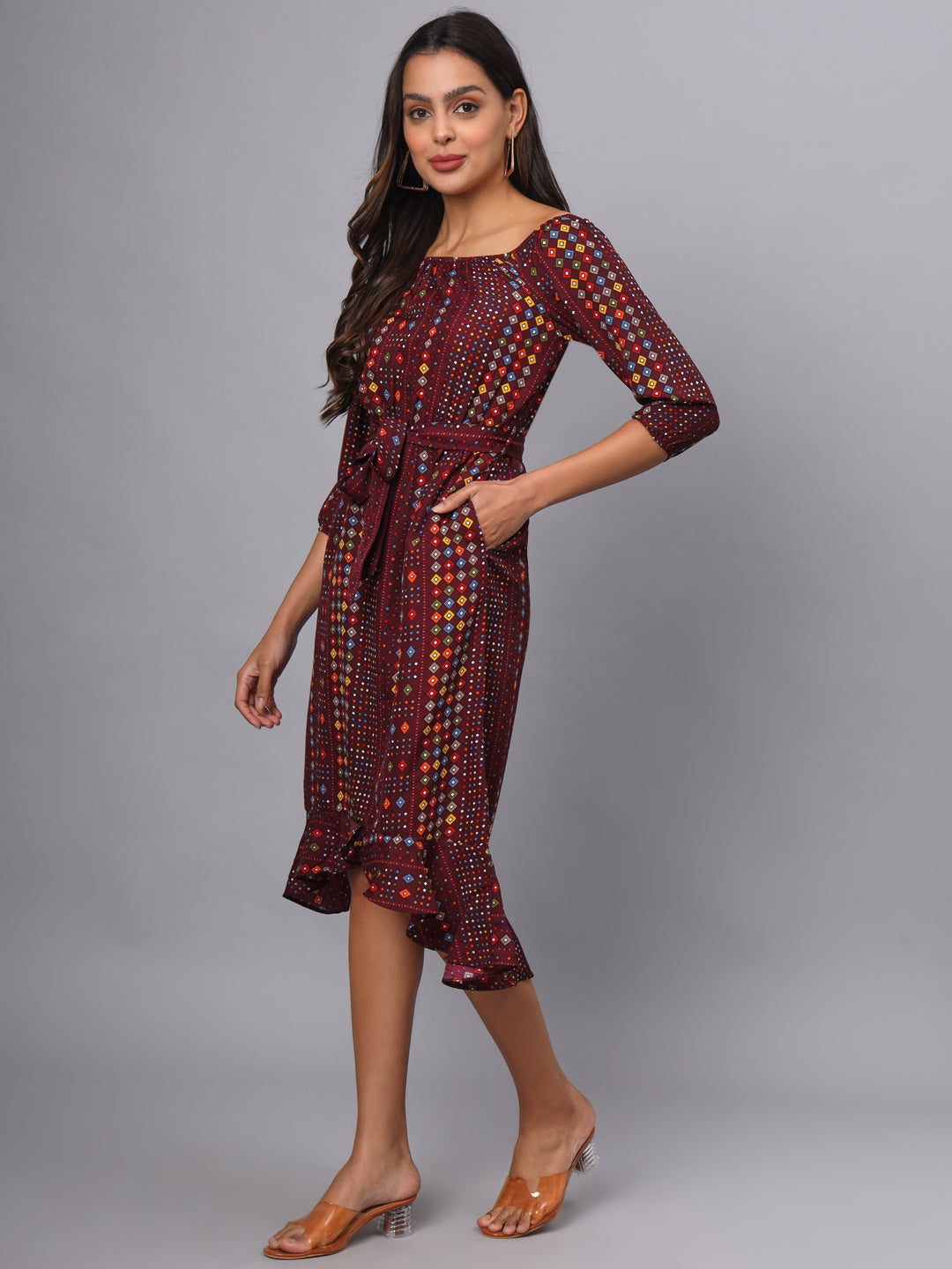 Printed Off-Shoulder A-Line Midi Dress