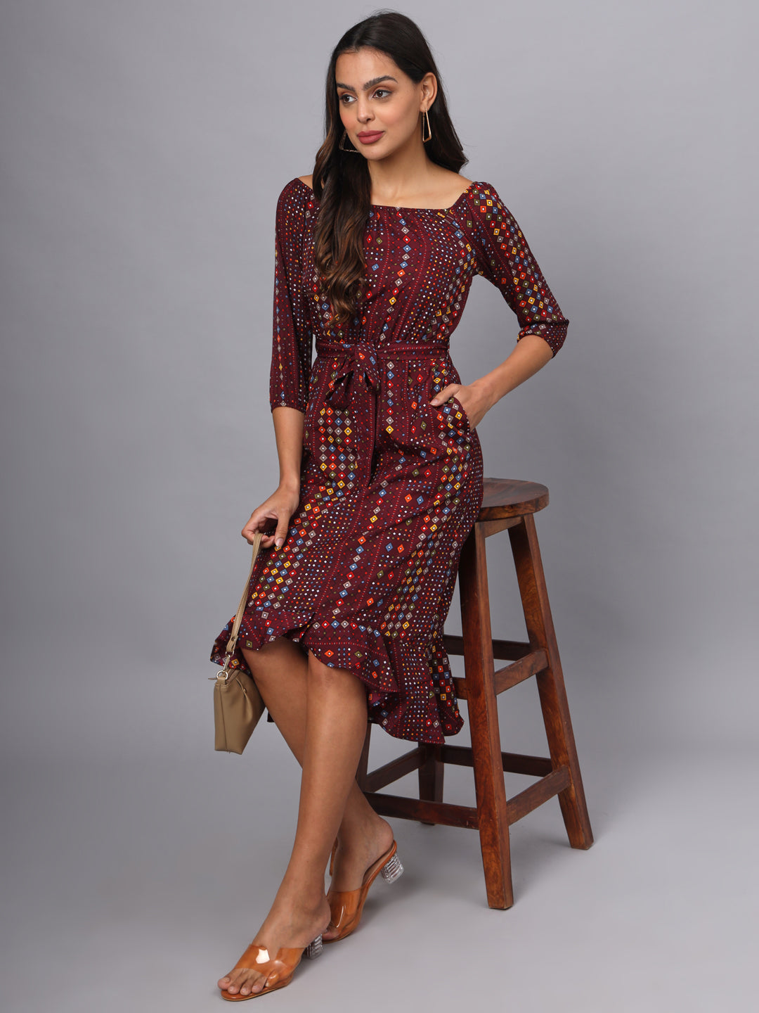 Printed Off-Shoulder A-Line Midi Dress