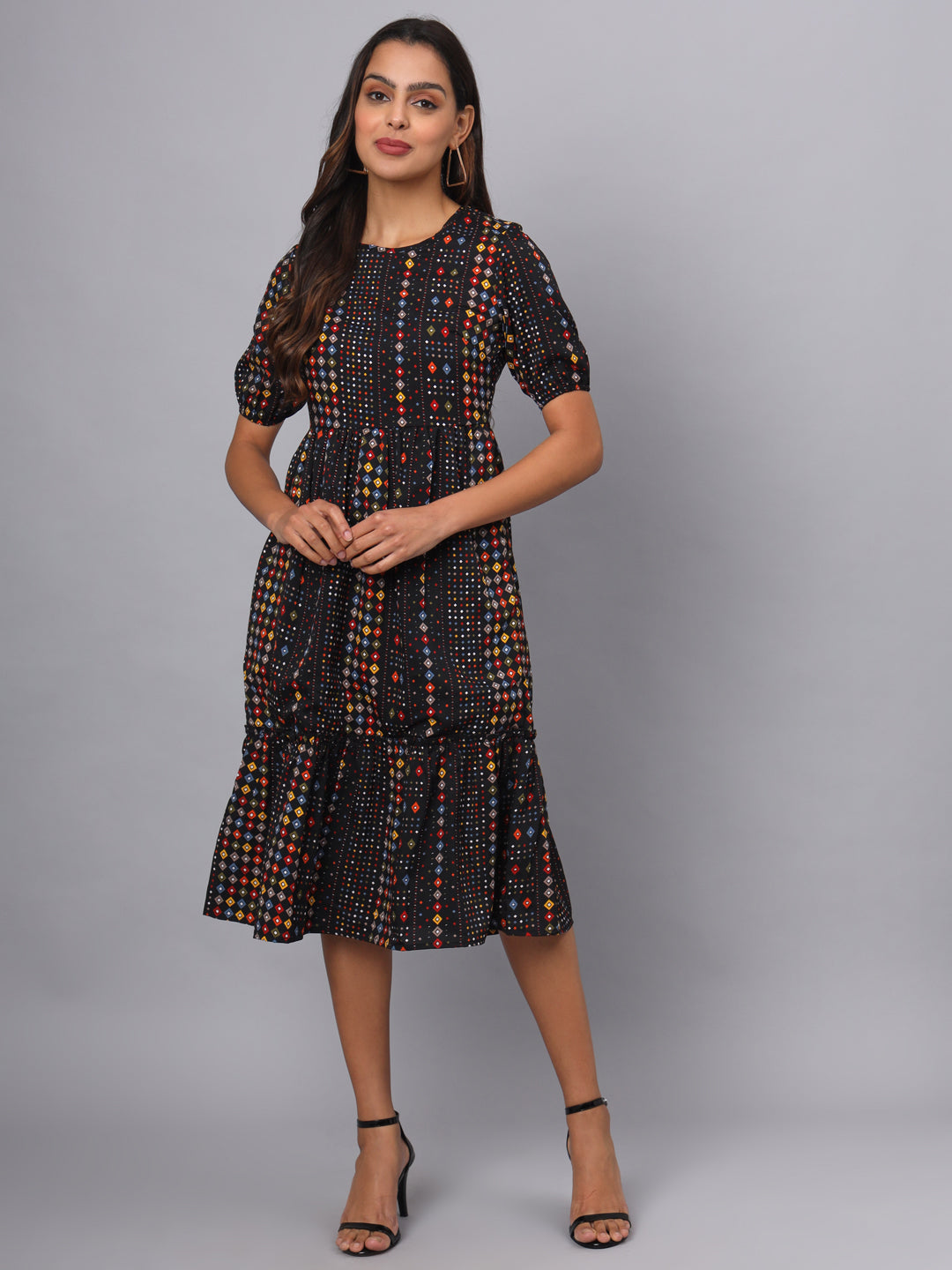 Printed Puff Sleeve Fit & Flare Midi Dress