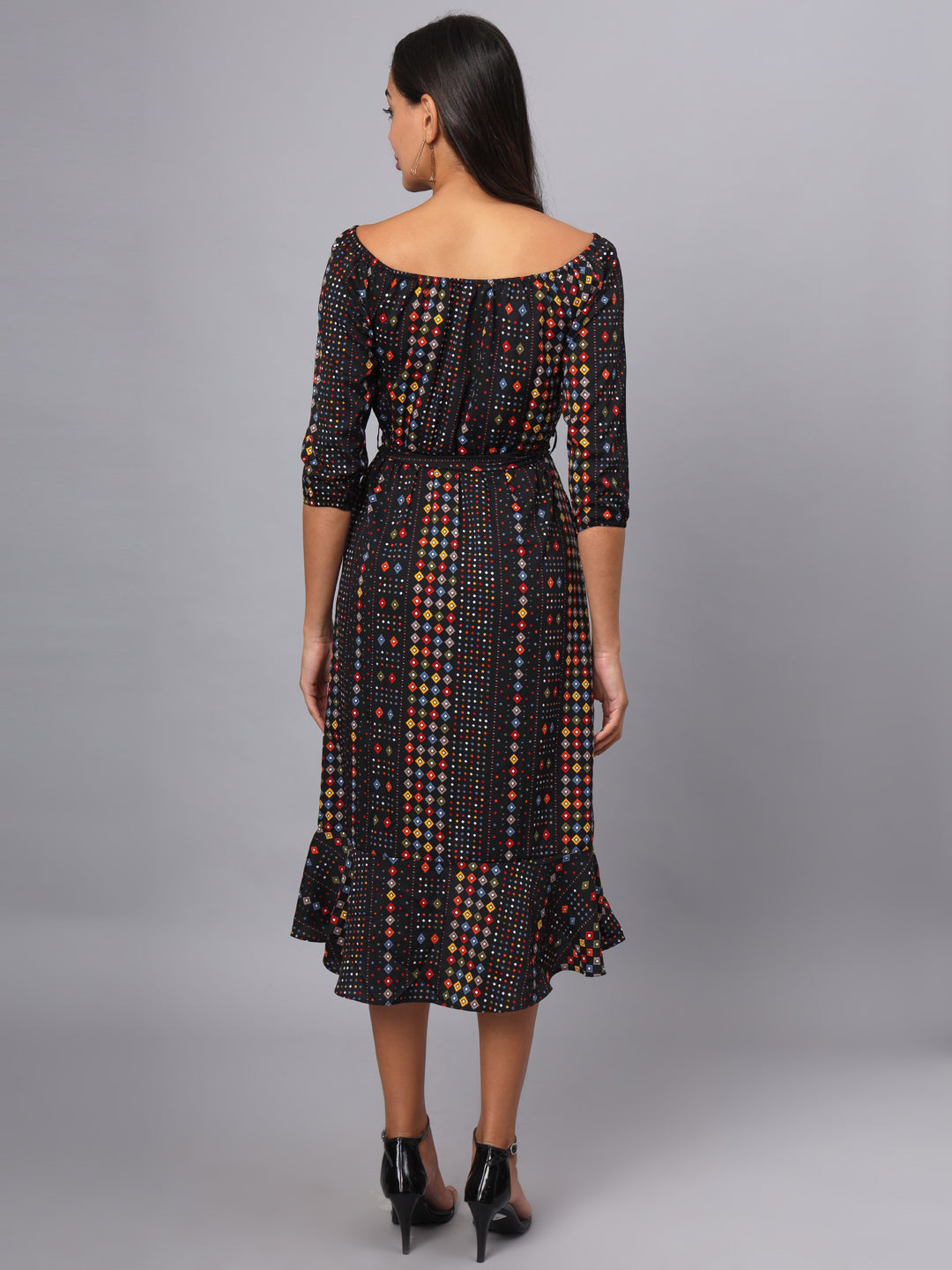 Printed Off-Shoulder A-Line Midi Dress