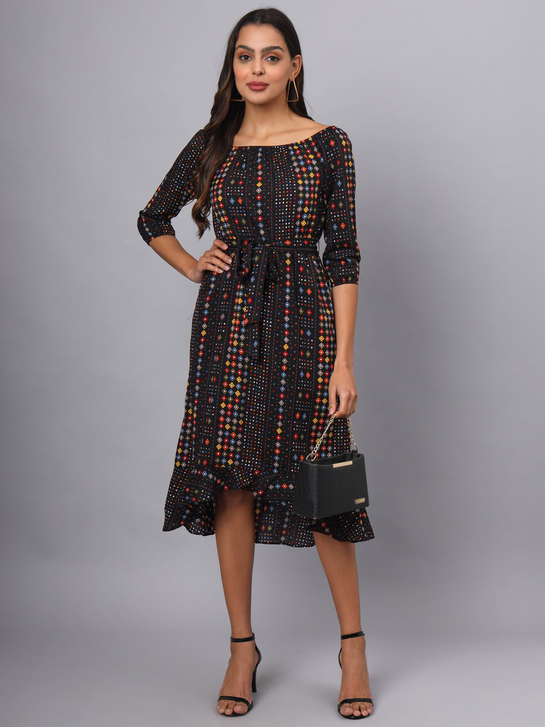 Printed Off-Shoulder A-Line Midi Dress