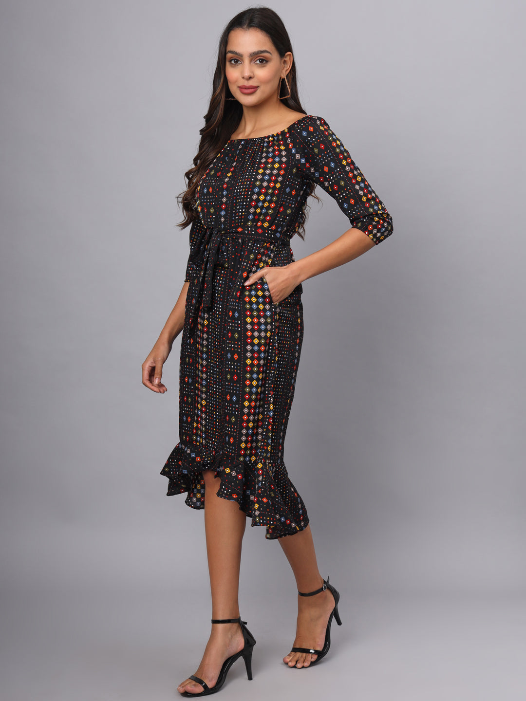 Printed Off-Shoulder A-Line Midi Dress