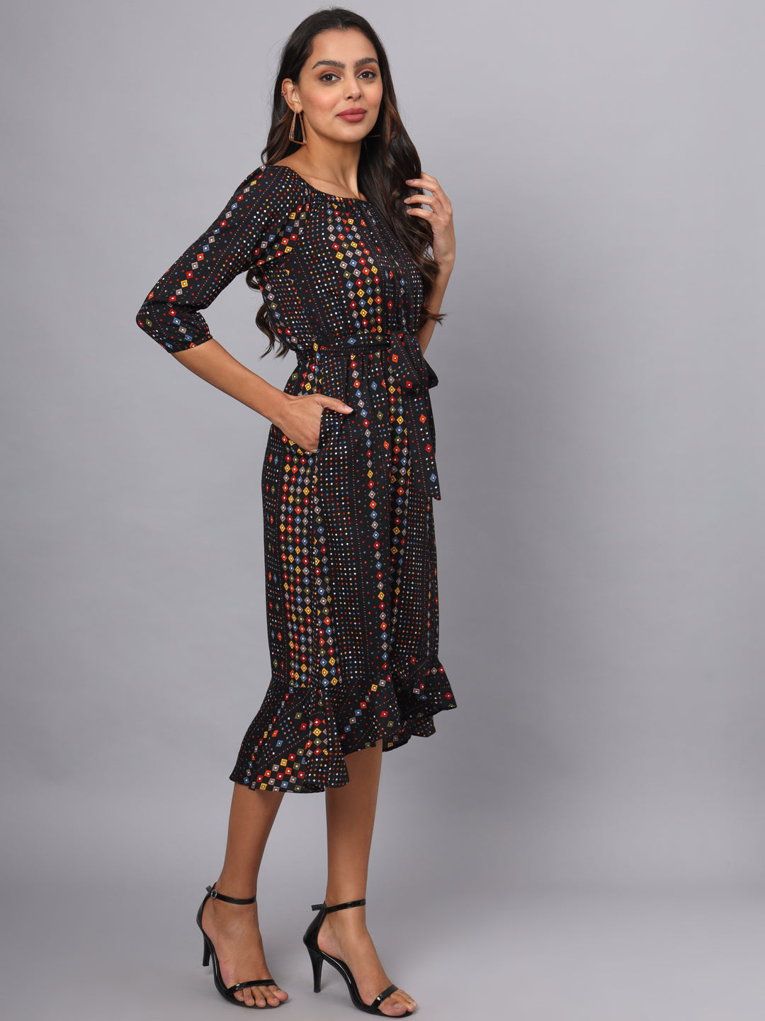 Printed Off-Shoulder A-Line Midi Dress