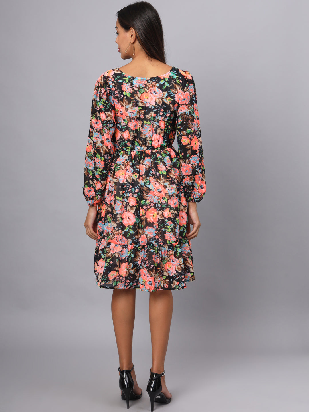 Printed Puff Sleeve Fit & Flare Dress