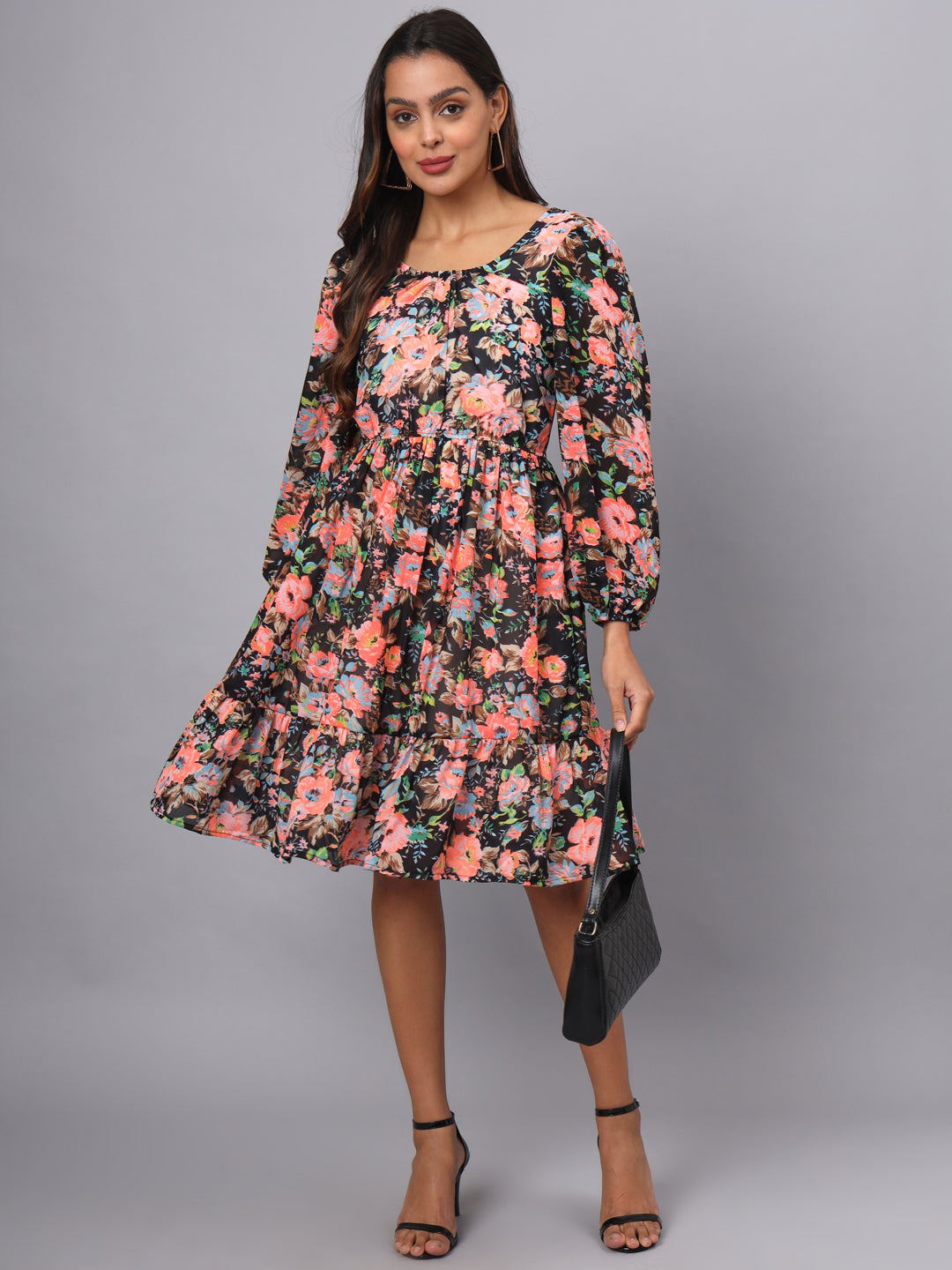 Printed Puff Sleeve Fit & Flare Dress