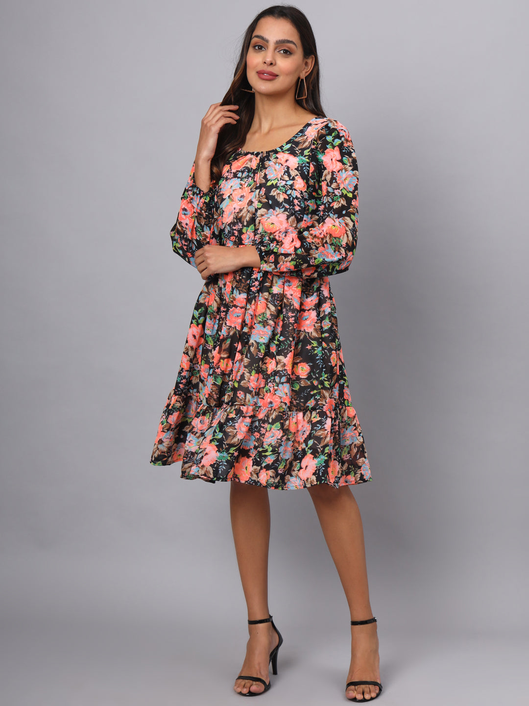 Printed Puff Sleeve Fit & Flare Dress