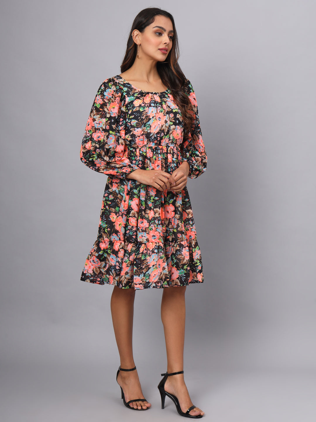 Printed Puff Sleeve Fit & Flare Dress