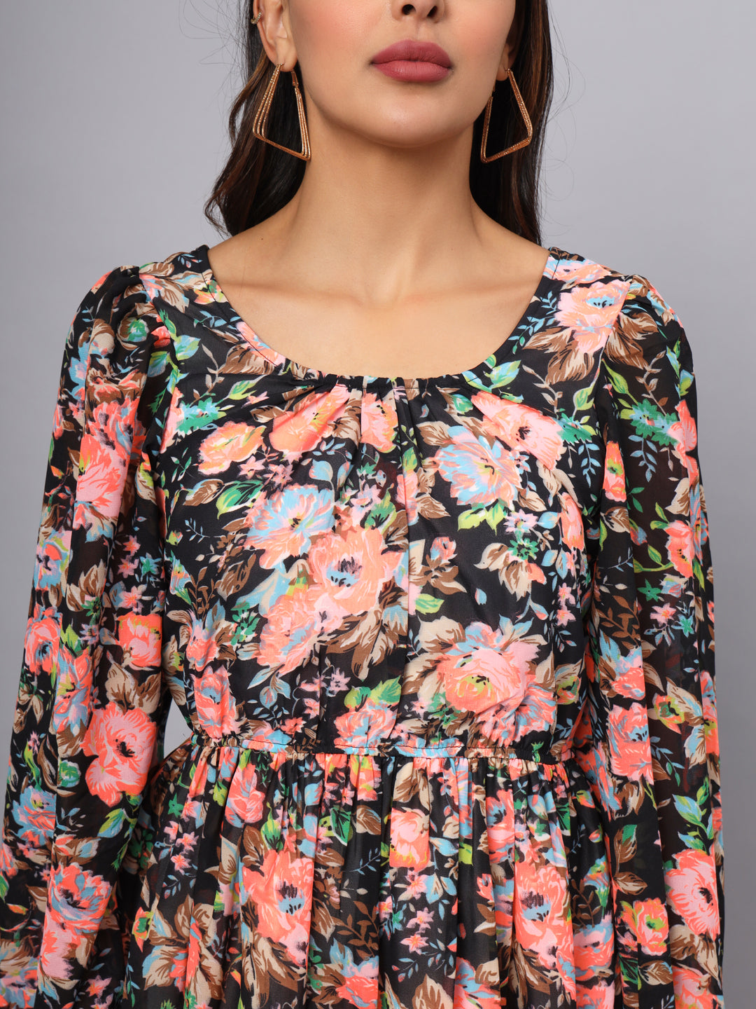 Printed Puff Sleeve Fit & Flare Dress
