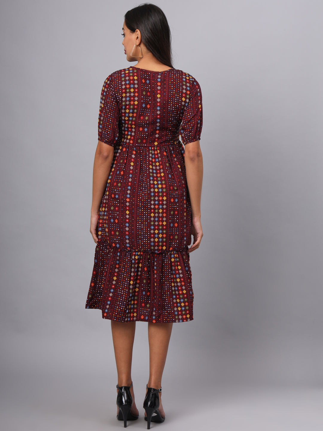 Printed Puff Sleeve Fit & Flare Midi Dress