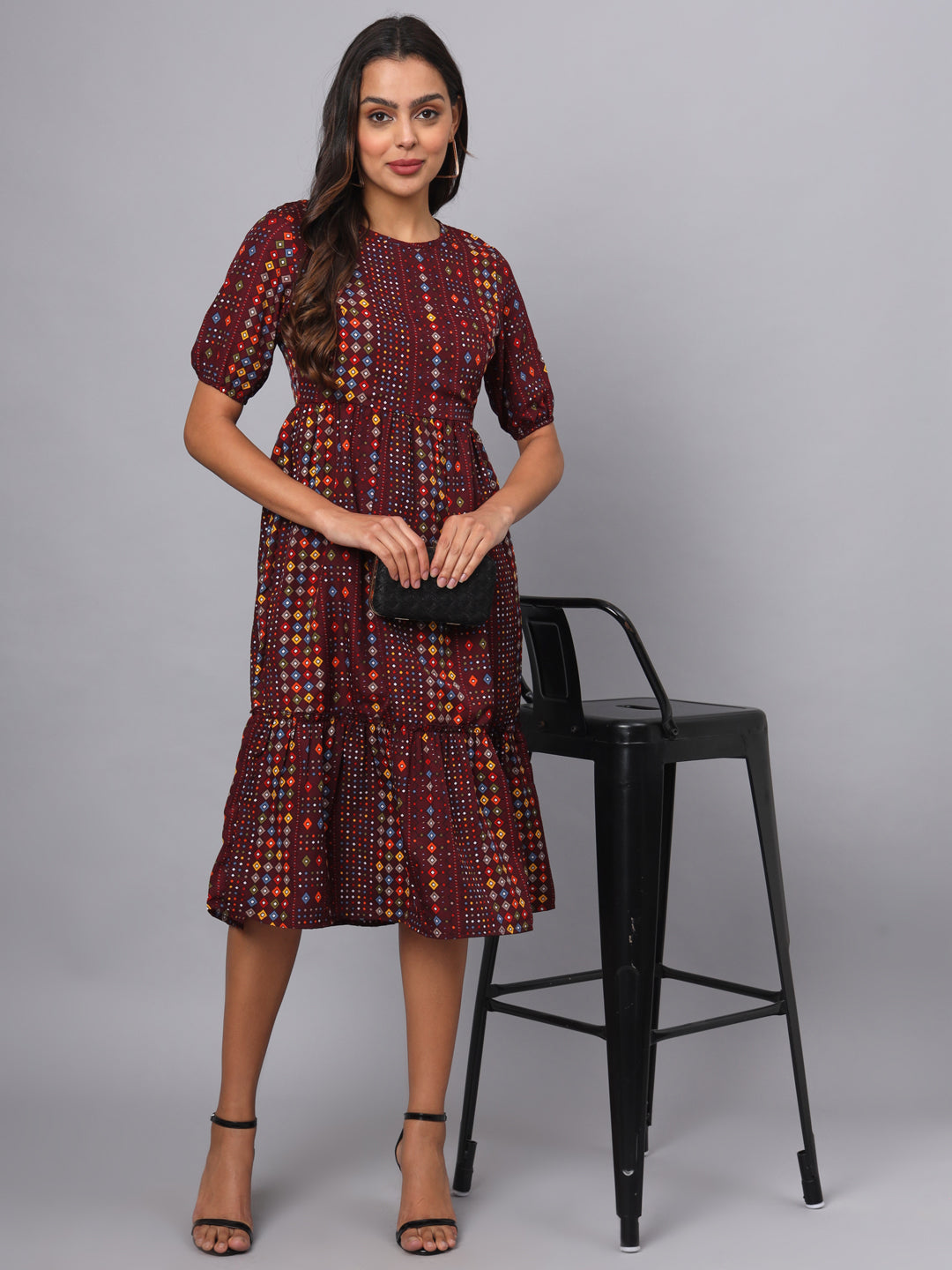 Printed Puff Sleeve Fit & Flare Midi Dress