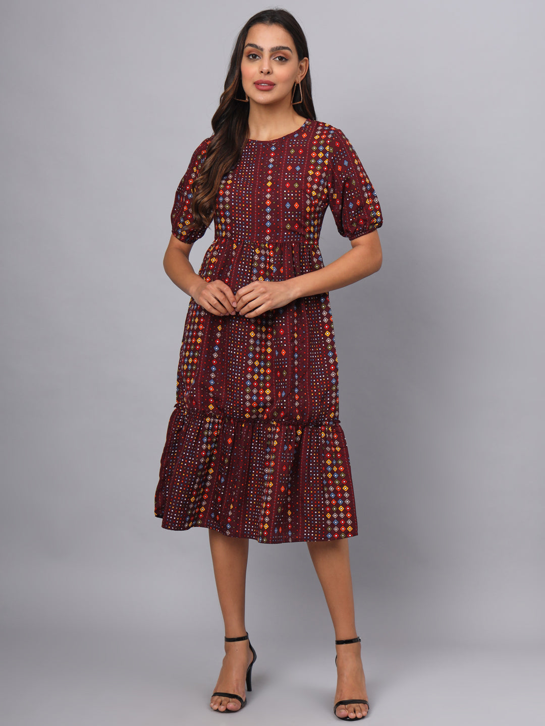 Printed Puff Sleeve Fit & Flare Midi Dress