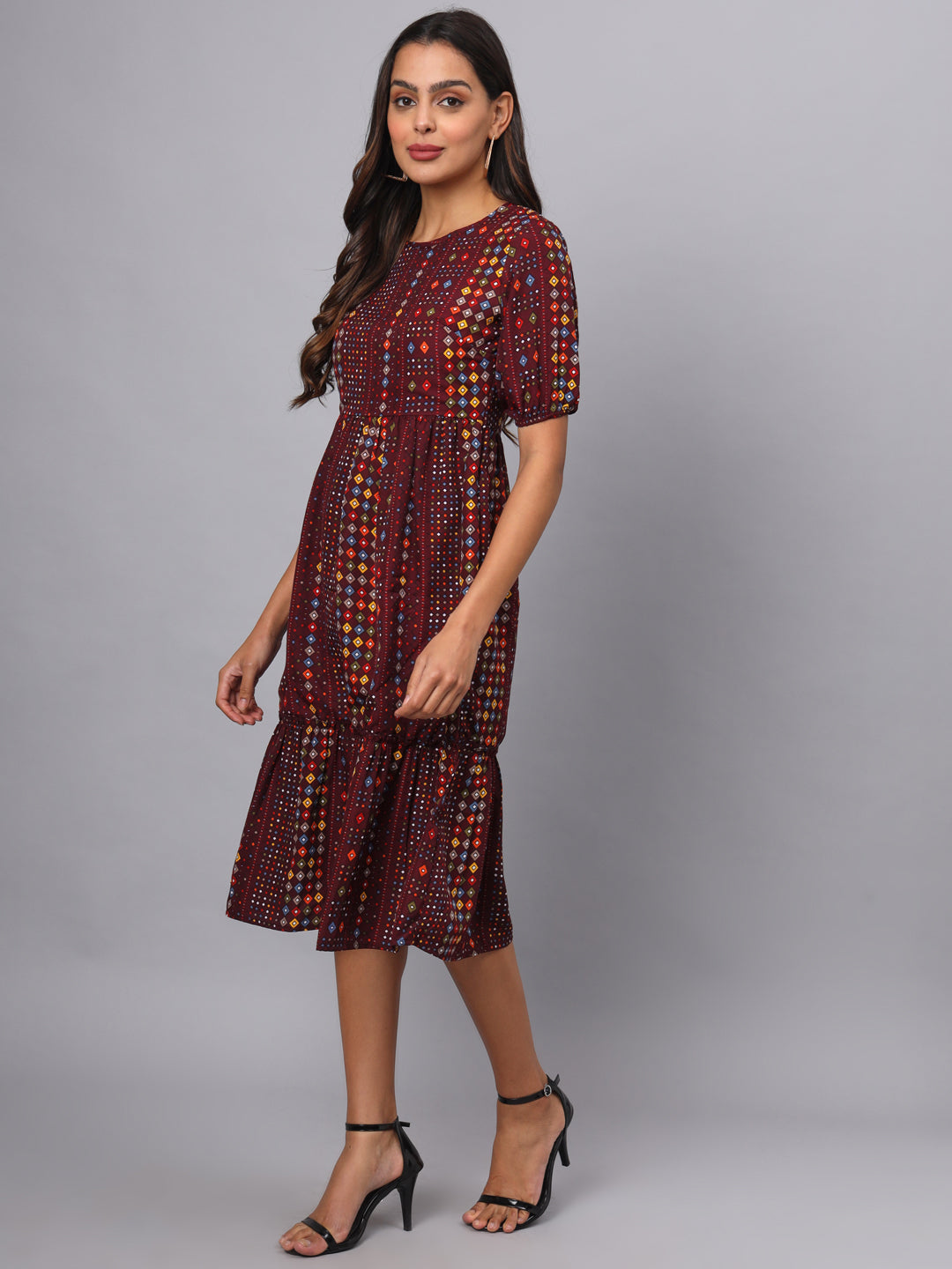 Printed Puff Sleeve Fit & Flare Midi Dress