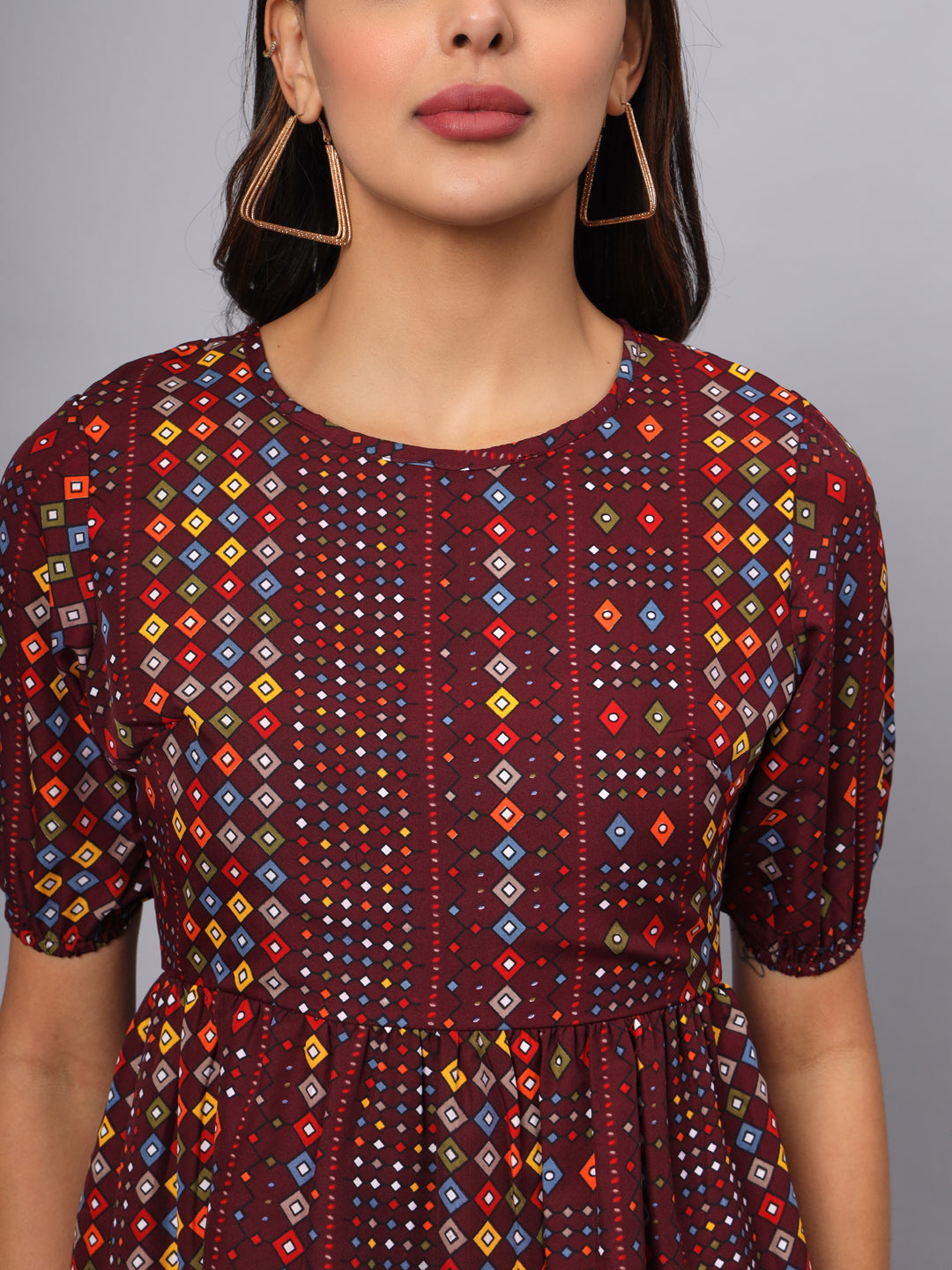 Printed Puff Sleeve Fit & Flare Midi Dress