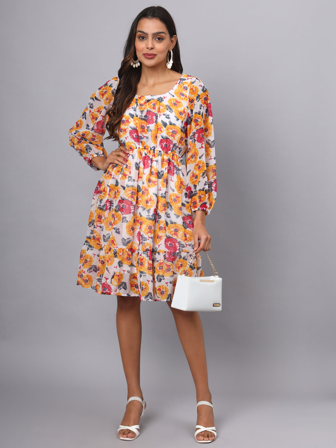 Printed Puff Sleeve Fit & Flare Dress