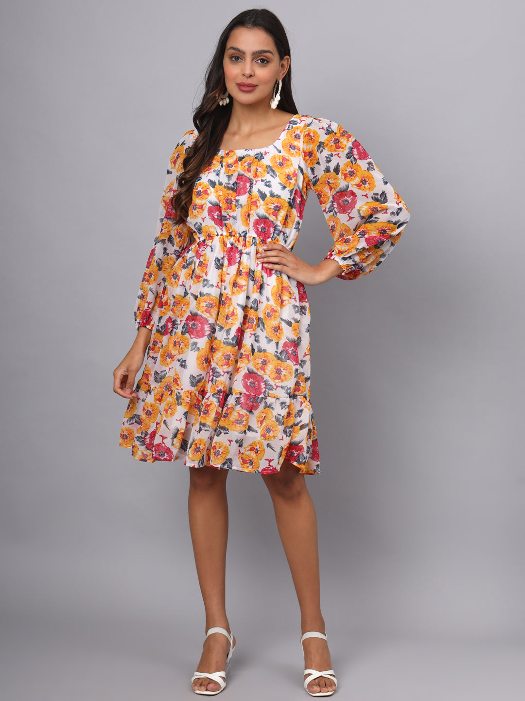 Printed Puff Sleeve Fit & Flare Dress