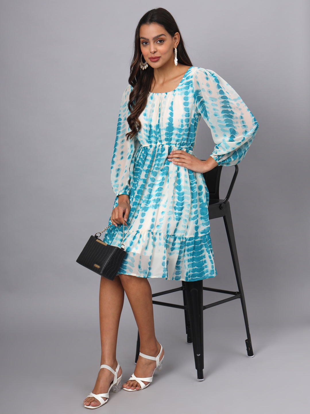 Printed Puff Sleeve Fit & Flare Dress