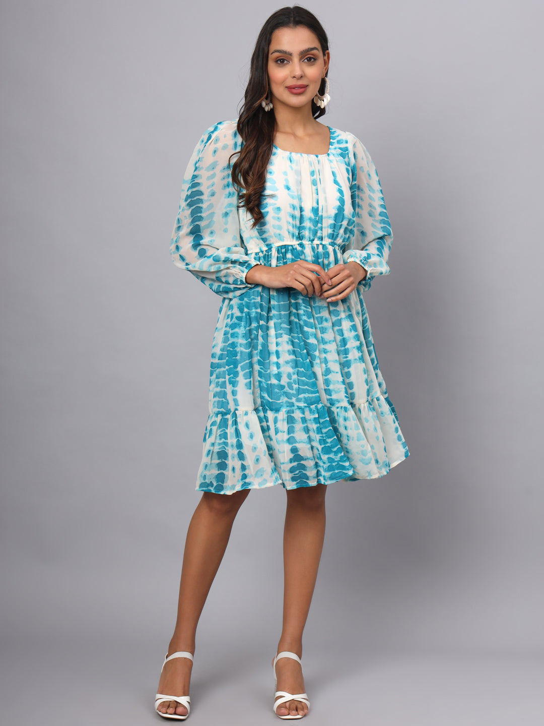 Printed Puff Sleeve Fit & Flare Dress