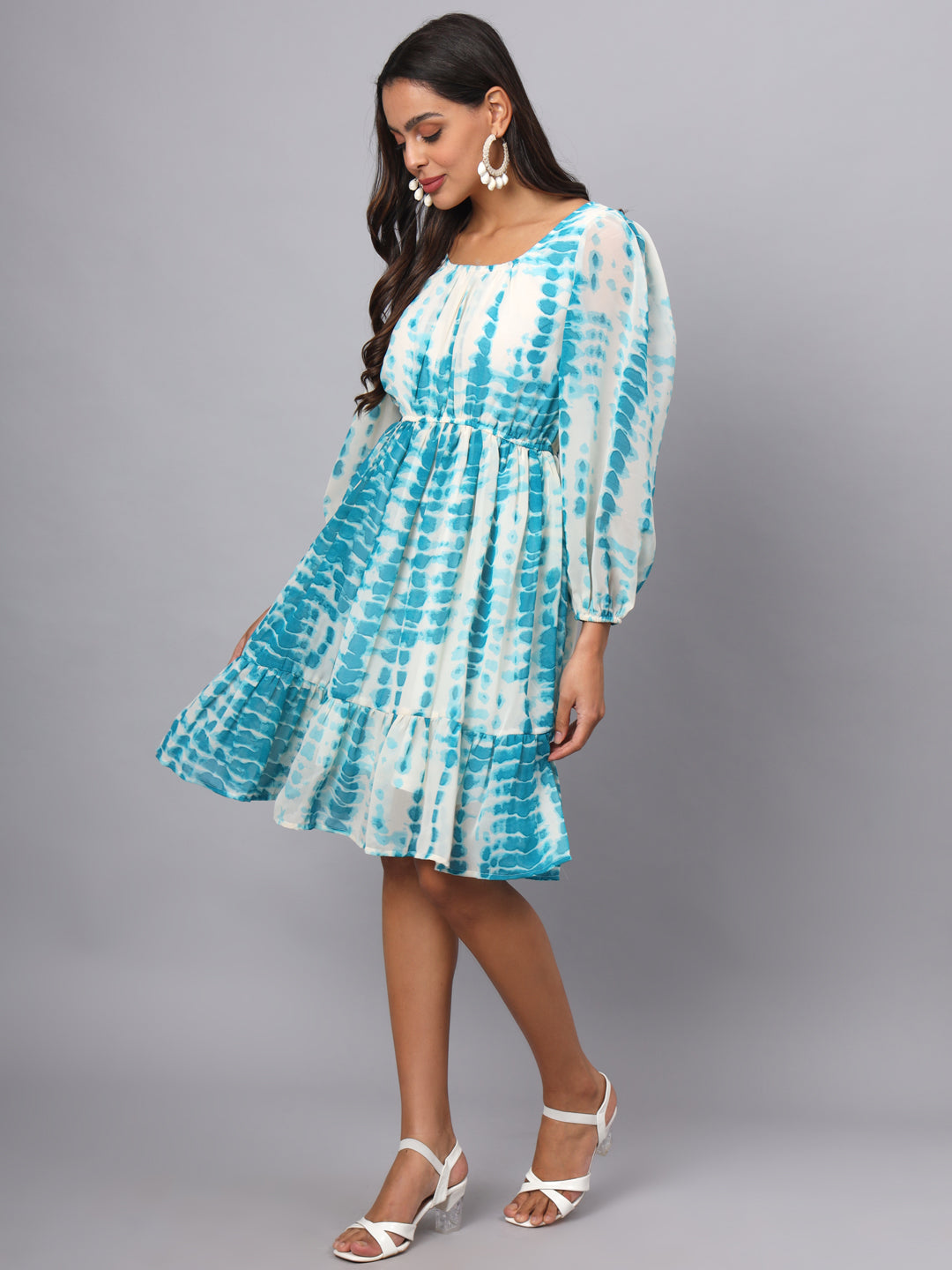 Printed Puff Sleeve Fit & Flare Dress