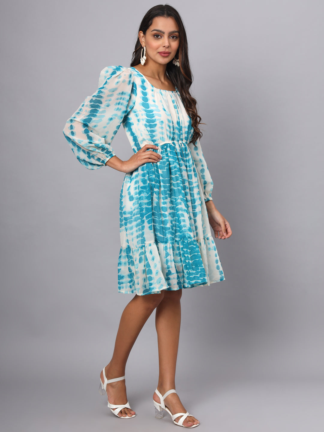 Printed Puff Sleeve Fit & Flare Dress