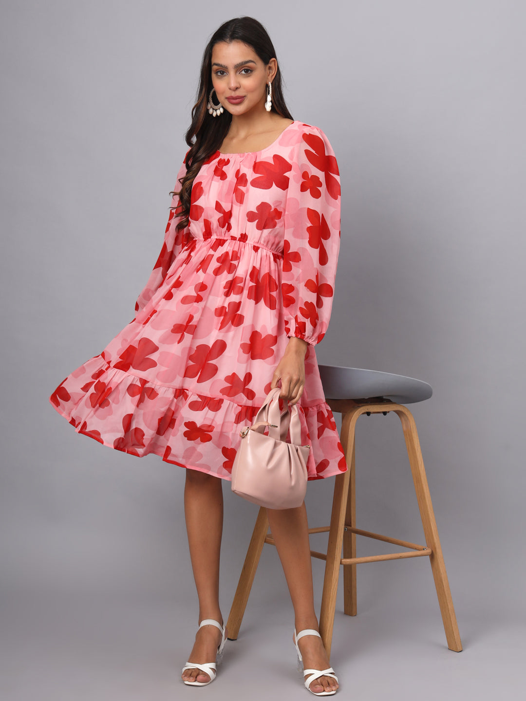 Printed Puff Sleeve Fit & Flare Dress