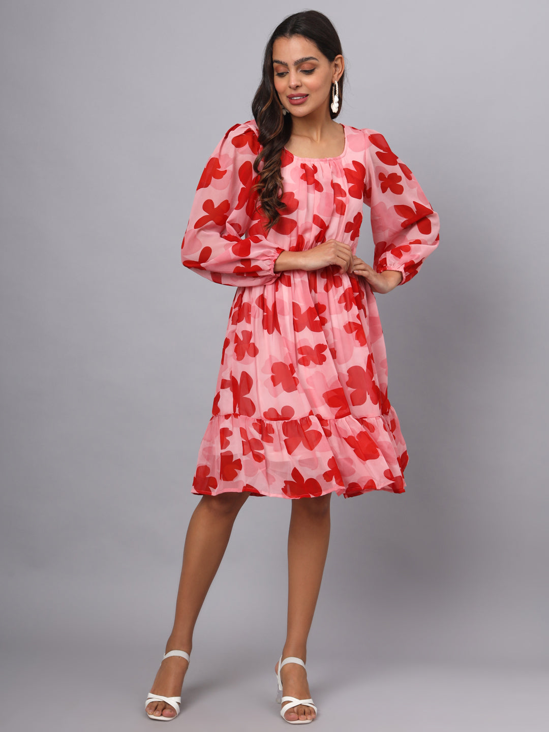 Printed Puff Sleeve Fit & Flare Dress