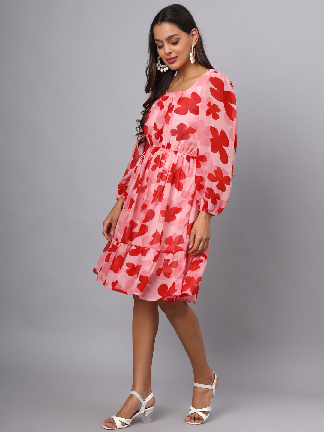 Printed Puff Sleeve Fit & Flare Dress