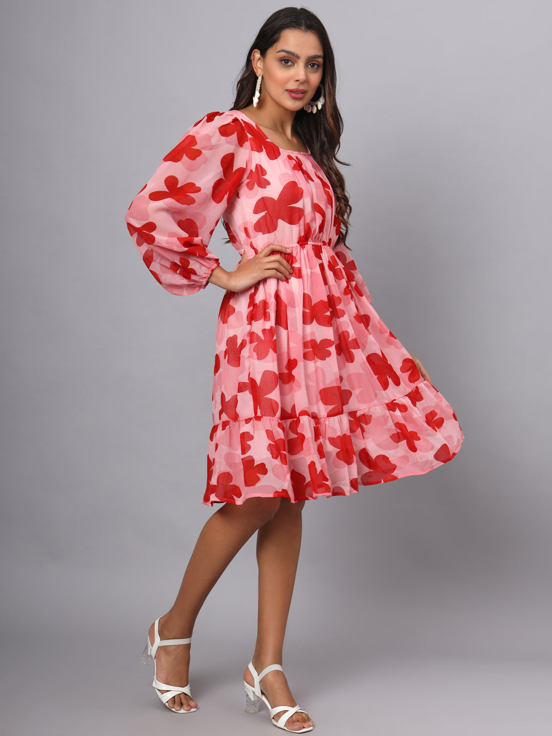 Printed Puff Sleeve Fit & Flare Dress