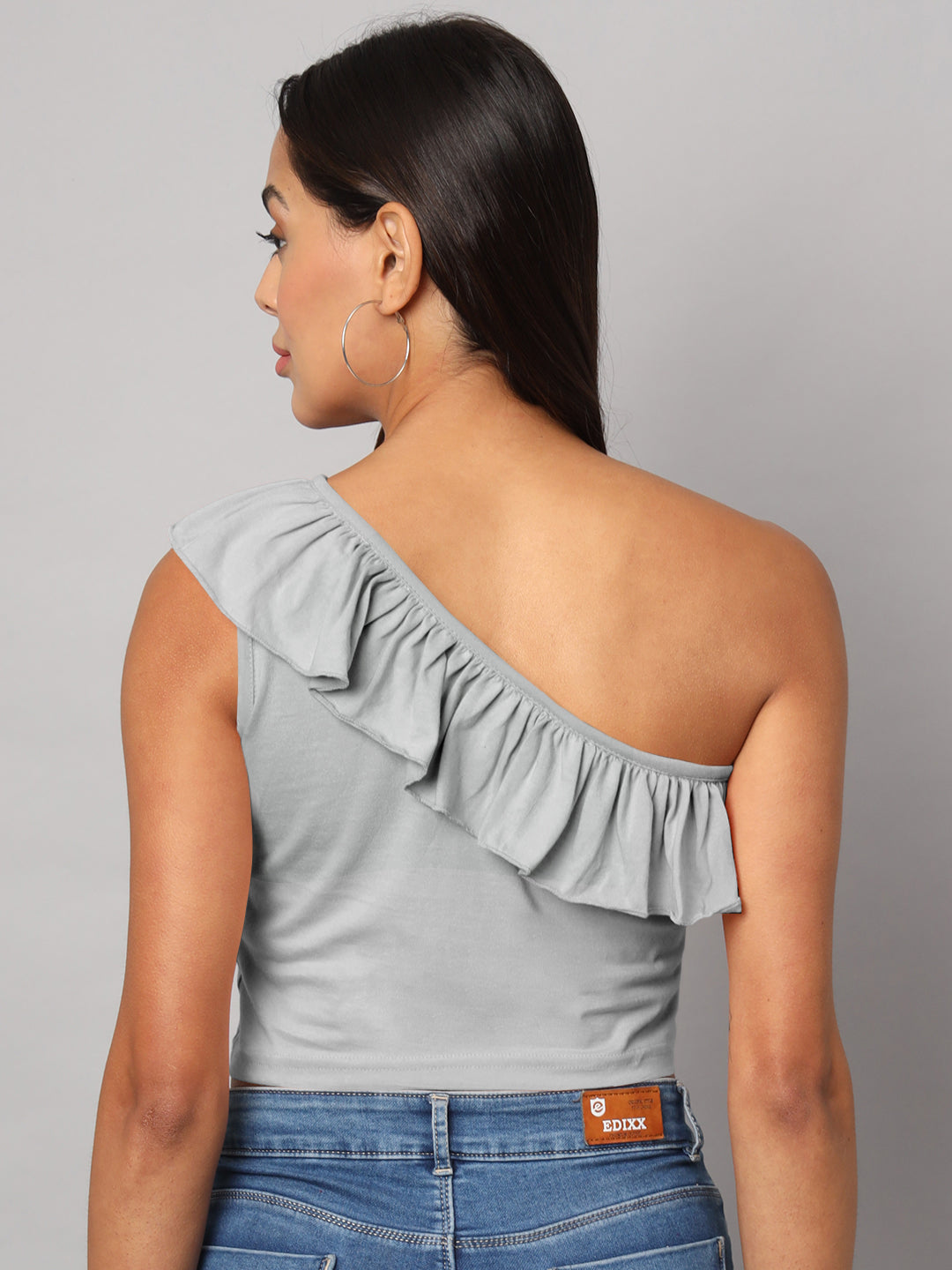One Shoulder Ruffled Pure Cotton Crop Top