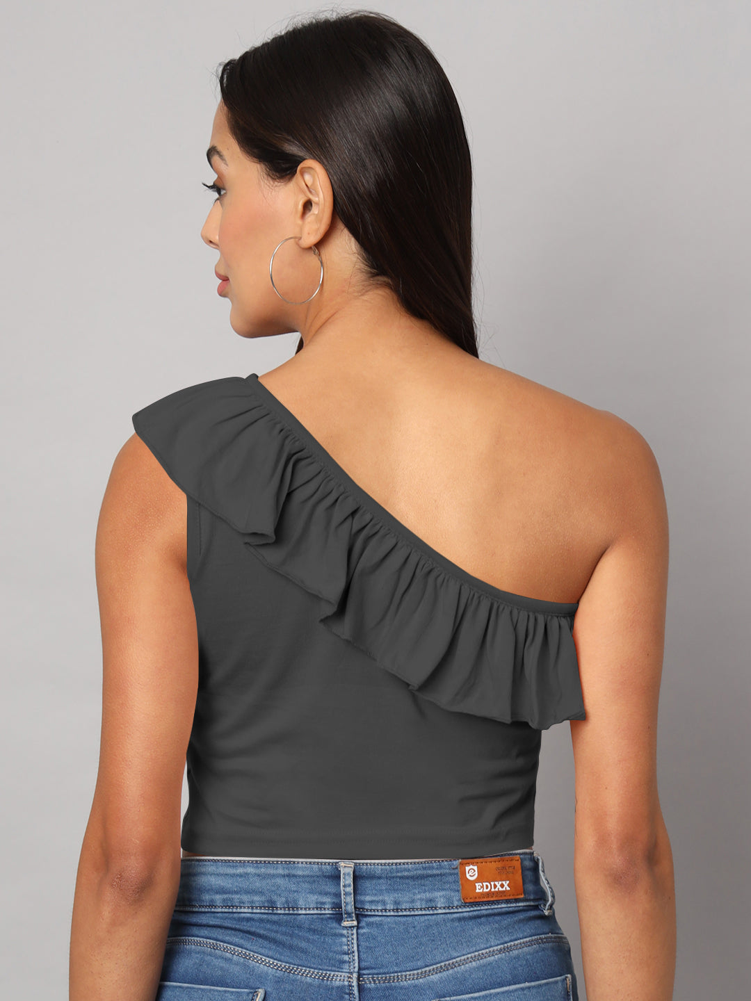 One Shoulder Ruffled Pure Cotton Crop Top
