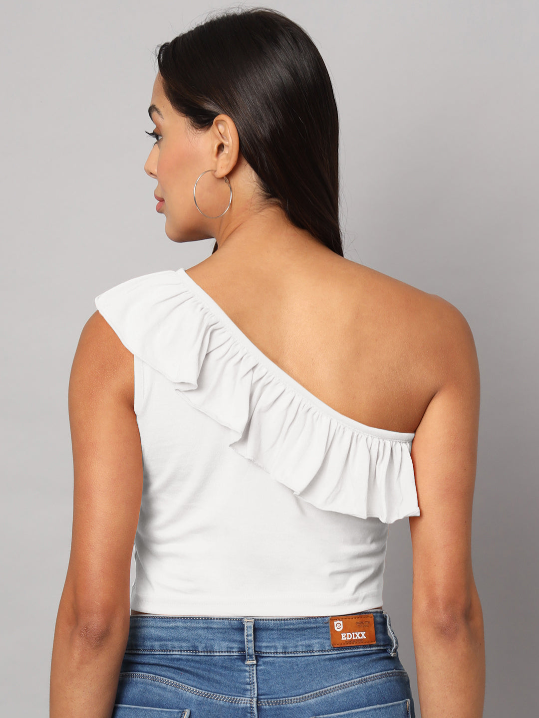 One Shoulder Ruffled Pure Cotton Crop Top