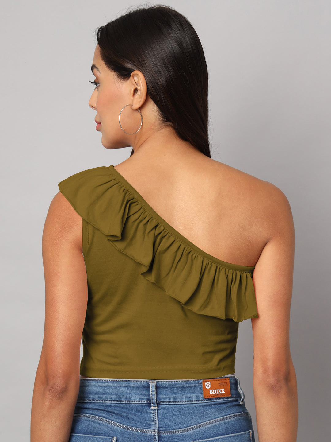 One Shoulder Ruffled Pure Cotton Crop Top