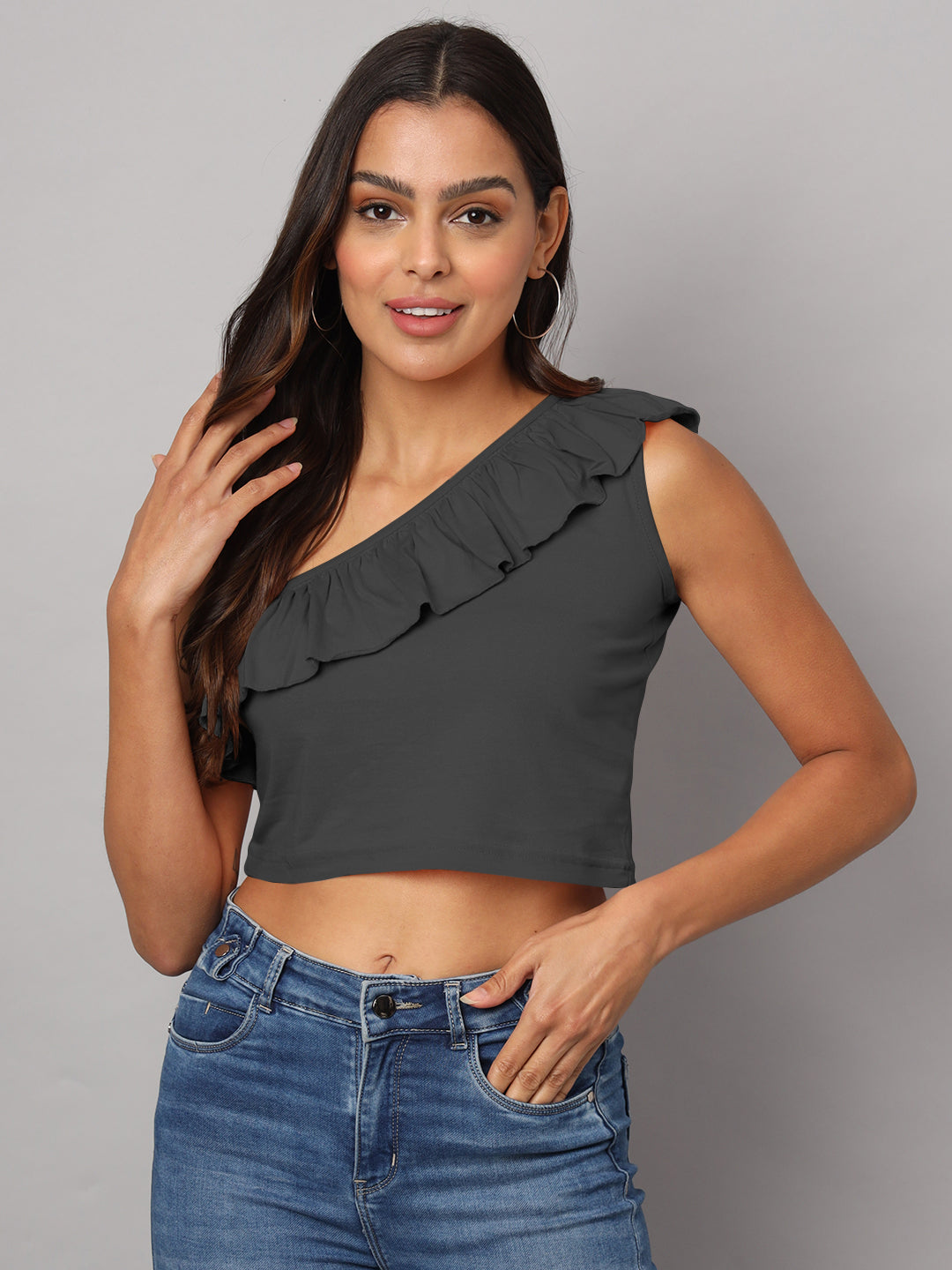 One Shoulder Ruffled Pure Cotton Crop Top